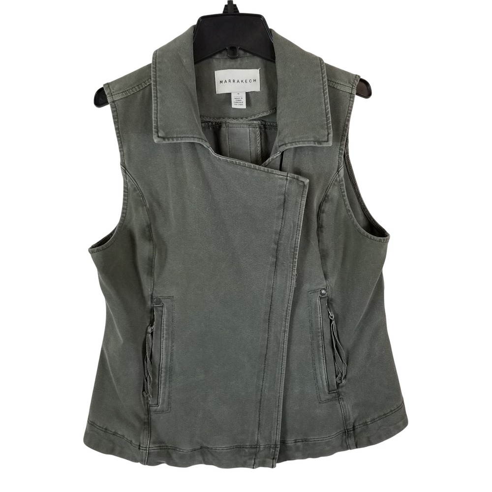 Marrakech Utility Vest Women Medium Olive Green Asymmetrical Zip Moto Cotton 39s